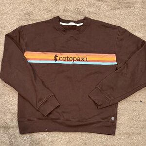 cotopaxi Brown Crewneck Sweater with Orange, Yellow & Blue Stripes